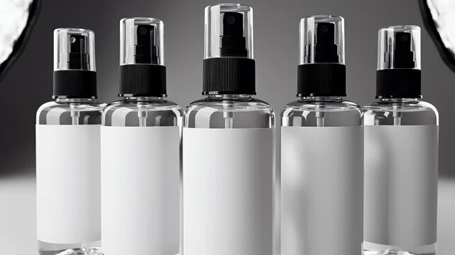 Five clear glass spray bottles with black spray nozzles and blank white labels stand in a row against a blurred, textured background.