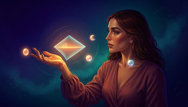 Woman touches glowing crystal orb with celestial moons floating around her hand in space.