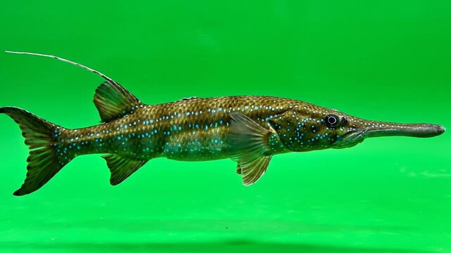 Long-snouted fish with patterned body and dorsal fin against a vibrant green background.