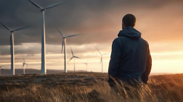 A man in a blue jacket stands in a wind-swept field at sunset, глядя toward a row of wind turbines against a dramatic orange and blue sky.