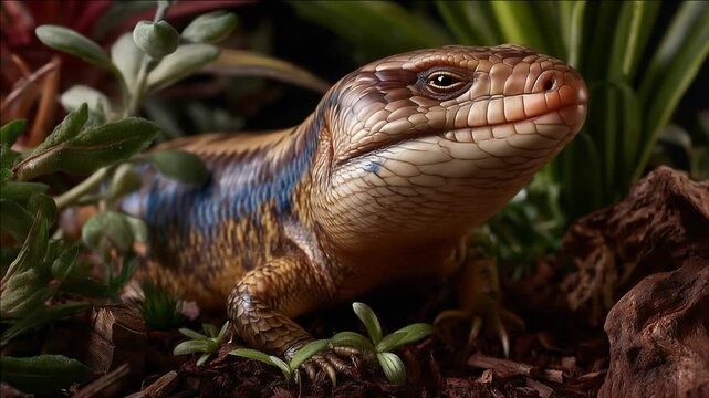 A close-up of a lizard with brown-tan scales among soil, rocks and green plants in a terrarium; warm light highlights texture.