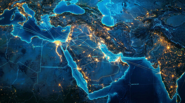 Global connectivity map in middle east region showing energy network routes and city data links with digital infrastructure growth for technology trade logistics and geopolitical analysis use