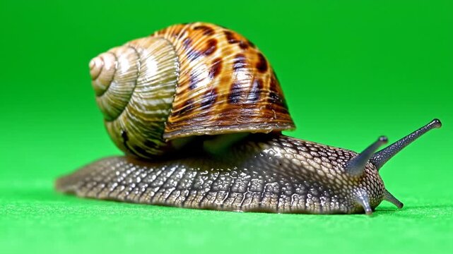A close-up side view of a garden snail with a brown patterned shell and textured body, slowly moving across a bright green background.