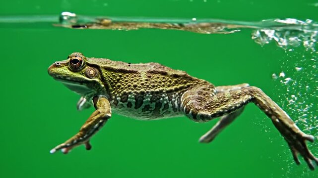 A green and brown frog swimming gracefully underwater against a vibrant green background with surface reflections and bubbles.