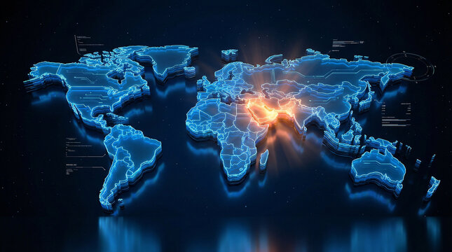 Global monitoring map with middle east focus showing digital world data network and strategic regional analysis for technology security planning and geopolitical insight concept