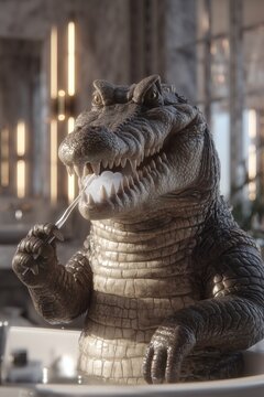 Creative Alligator Brushing Teeth in Bathtub Morning Routine Concept