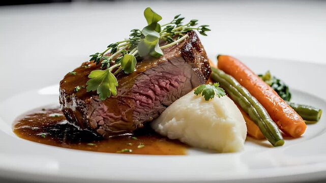 A beautifully plated dish of grilled beef tenderloin with mashed potatoes, fresh herbs, and vibrant vegetables, showcasing culinary artistry.