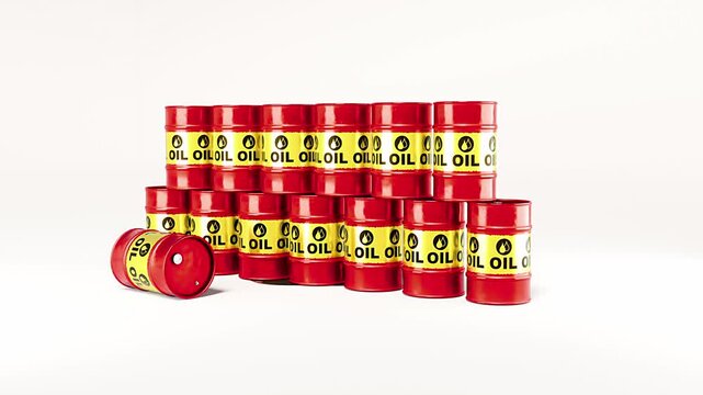 Barrels on oil in white background making an oil leak while camera moving slowly. 4K 3d-animation prepresenting rising oil economy and price. 