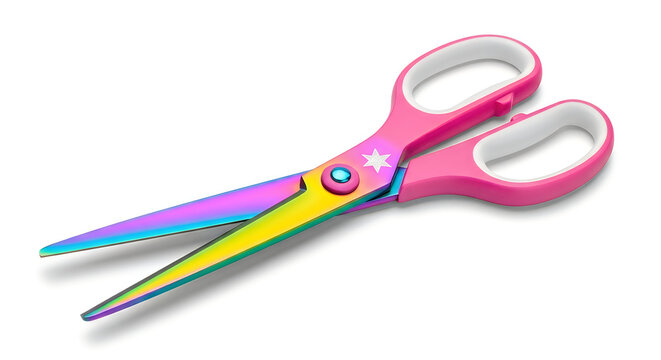 A pair of colorful scissors with a star design on the handles isolated on white background