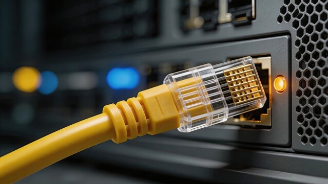 Closeup of a yellow Ethernet cable connector plugged into a network switch port with an active orange LED indicator light symbolizing highspeed internet connectivity data