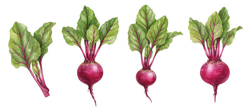 Watercolor illustration of raw garden fresh red whole and sliced beetroots with green leaves on transparent background. Organic farm product for card, poster, textile, menu, book, sticker, packing.	
