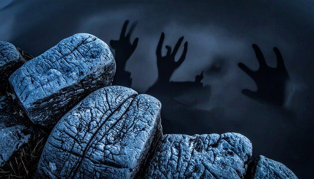 Textured blue rocks in the foreground with shadowy human hand silhouettes reaching from dark water 