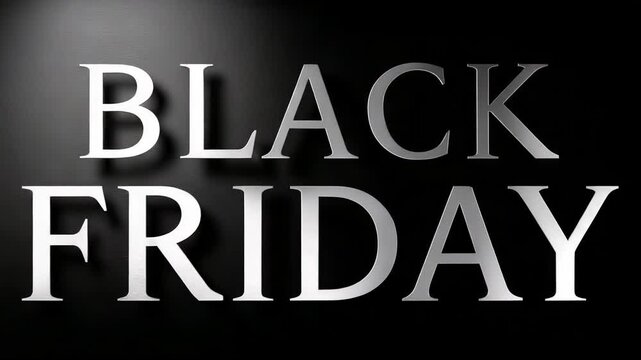 A bold BLACK FRIDAY sign with large metallic letters on a deep black background, creating a high-contrast, dramatic look that signals big shopping deals and holiday sales