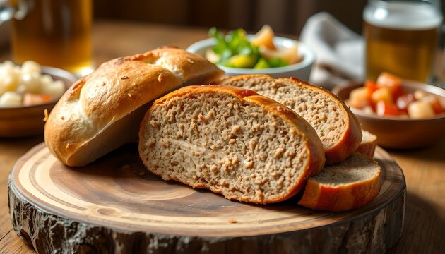 Artisan wheat bread slices displayed on rustic board with natural lighting and healthy homemade food concept.