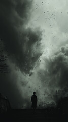 Fototapeta premium Dark Stormy Sky with Person Silhouetted on Staircase 