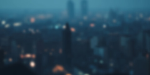 Blurry night cityscape with glowing lights and fog, evoking a mysterious and atmospheric urban scene. © VectorGhor