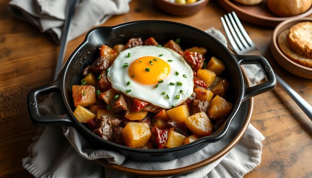 Healthy morning brunch featuring roasted diced potatoes and a sunny-side-up egg garnished with fresh chives.