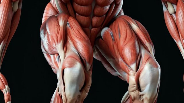 Detailed illustration of human leg muscles against a black background.