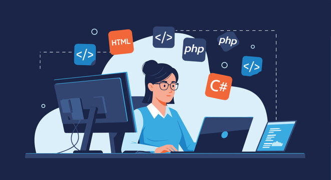 Talented female software developer working on her laptops surrounded by floating code icons and programming languages.