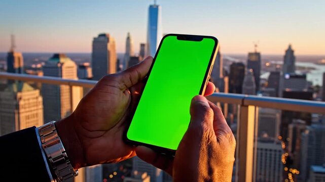 A person holding a smartphone with a green screen against a vibrant city skyline at sunset.