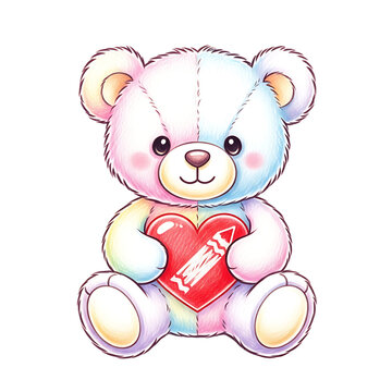 Cute teddy bear holding a red heart with a crayon illustration for Valentine's Day.