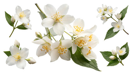 Multiple delicate jasmine flower branches with white blossoms.