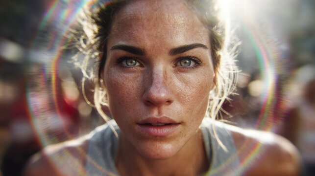 A close-up portrait of a determined woman with sweat on her face and a sun flare.