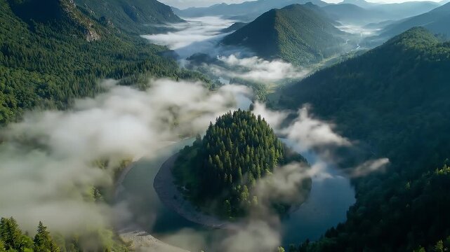 An aerial view reveals a forested island encircled by a winding river; mist drifts over the valley as green hills glow, creating a serene, dreamlike landscape of water, trees, and fog, mist.