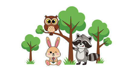 Fototapeta premium Cartoon illustration of a cute rabbit, raccoon, and owl standing together in a forest with trees on a white background.