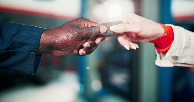 Car, keys and hands of mechanic with client for done with auto service, repair and maintenance. Workshop, garage and people giving vehicle remote for diagnostics, inspection and quality assurance