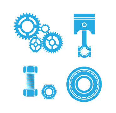 blue mechanical icons including gears bolts and piston on white background