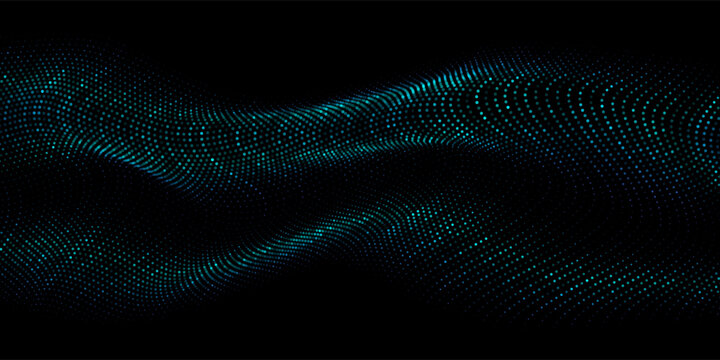 Vector abstract blue particle wave background with glowing dots on black background in concept technology, AI, digital, science, big data