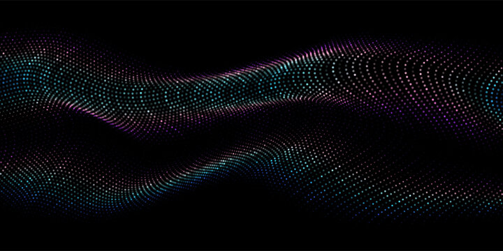 Flowing glowing dots particles colorful spectrum light wave pattern 3D curve halftone curve shape isolated on black background. Vector in concept of technology, science, music, modern.