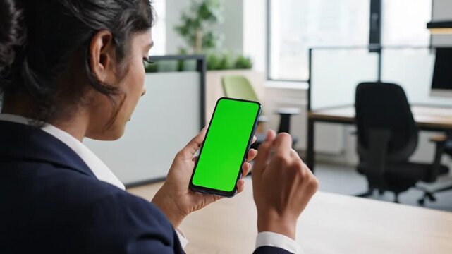 A woman in a business suit holds a smartphone with a green screen in an office setting, interacting with the device.