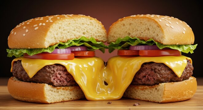 A Juicy Lucy burger with melted cheese oozing out from the center when cut.