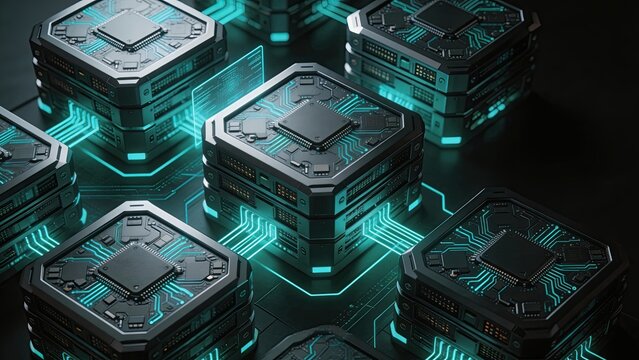 Futuristic computer chips glowing blue circuit boards advanced microprocessor technology digital data processing artificial intelligence hardware cybernetic system high tech