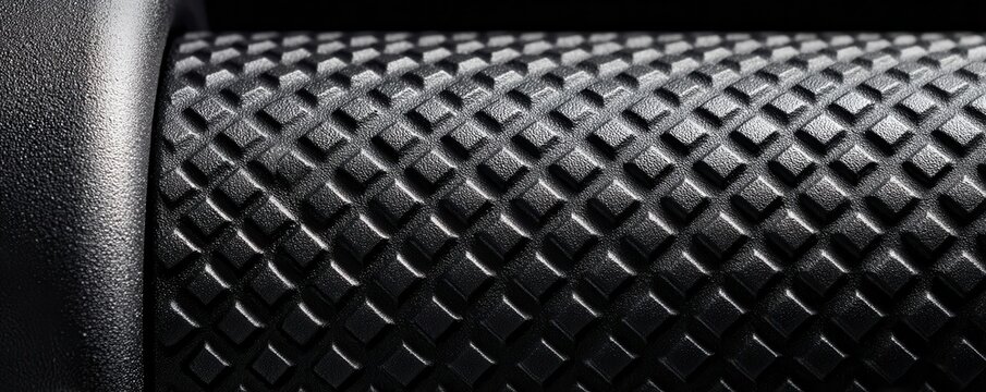 Macro close-up of textured dumbbell grip showing knurled pattern and metal handle for fitness