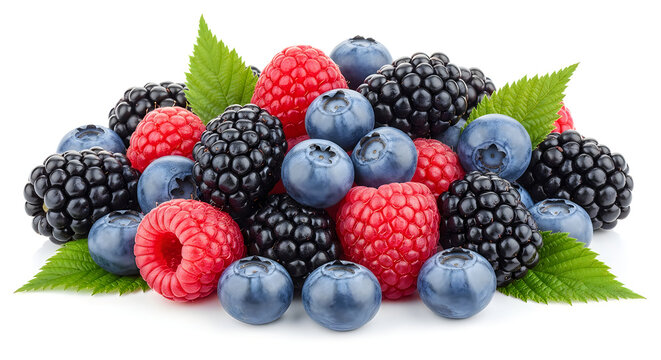 Assorted berries including raspberries, blackberries, and blueberries isolated on white background