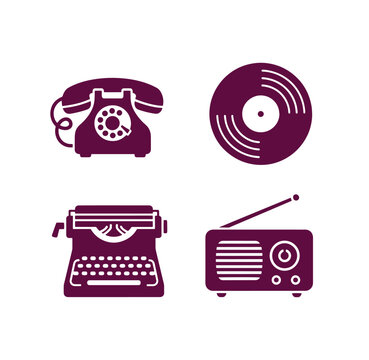 Retro communication and music devices icons set including telephone typewriter radio and vinyl record