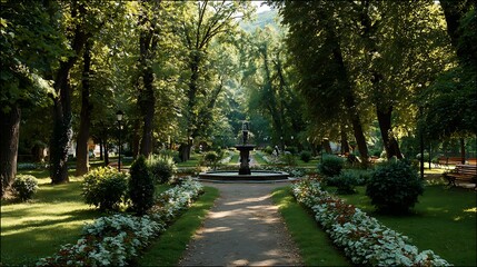 Fototapeta premium A peaceful walk along a sunlit park path winding through lush green trees and vibrant summer foliage under a clear sky