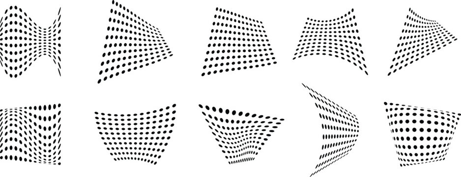 Abstract halftone dot wave shapes set with dynamic warped grids. Modern optical illusion patterns for design backgrounds and tech visuals. Vector dotted mesh surfaces with depth perspective effect.