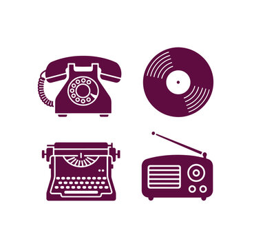 Vintage communication and music icons including telephone typewriter radio and vinyl record