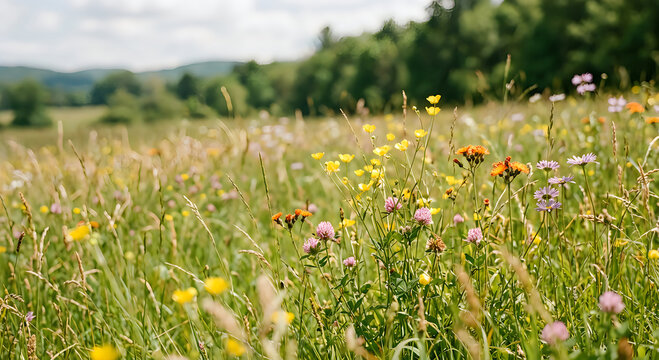 Colorful Summer Wildflowers in a Sunny Green Meadow Landscape