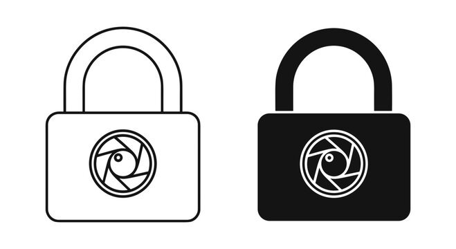 Minimalist padlock with camera shutter lens icon, digital privacy and photography security vector, black and white secure media protection symbols