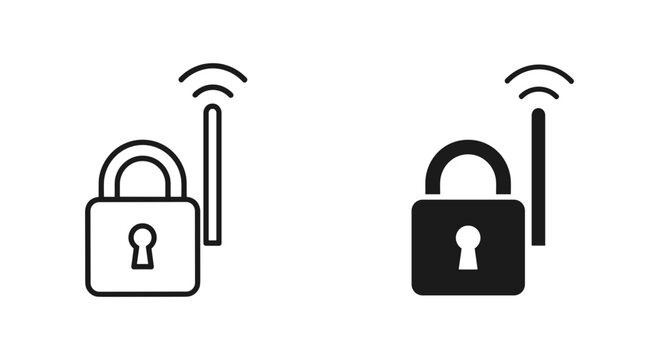 Smart lock icons with wireless signal antenna, digital security padlock symbols, black and white vector set for smart home and cybersecurity