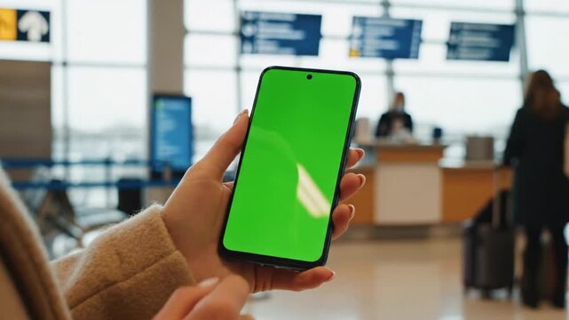 Person holding a smartphone with a green screen at an airport terminal, ready for custom content.