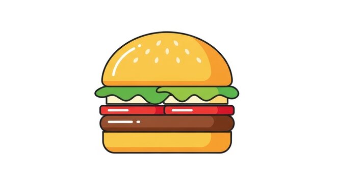 Minimalist burger illustration, flat vector cheeseburger icon with lettuce and tomato, delicious fast food hamburger graphic on white background