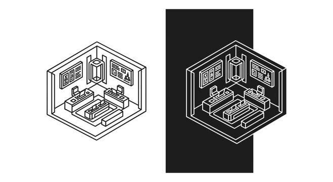 Isometric office interior vector, modern workspace line art illustration, black and white business meeting room design, corporate workstation layout