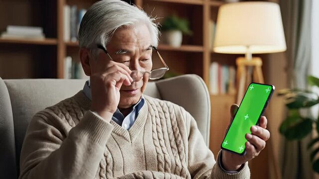 An elderly Asian man sits comfortably in an armchair, attentively using a smartphone with a green screen display, showcasing modern technology adoption in later life.
