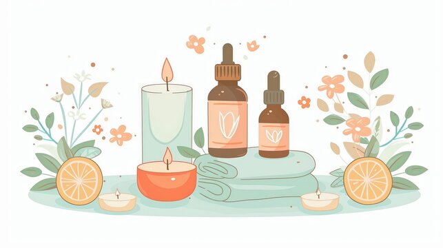 A cute cartoon Style ofA luxury spa setting with candles and essential oils